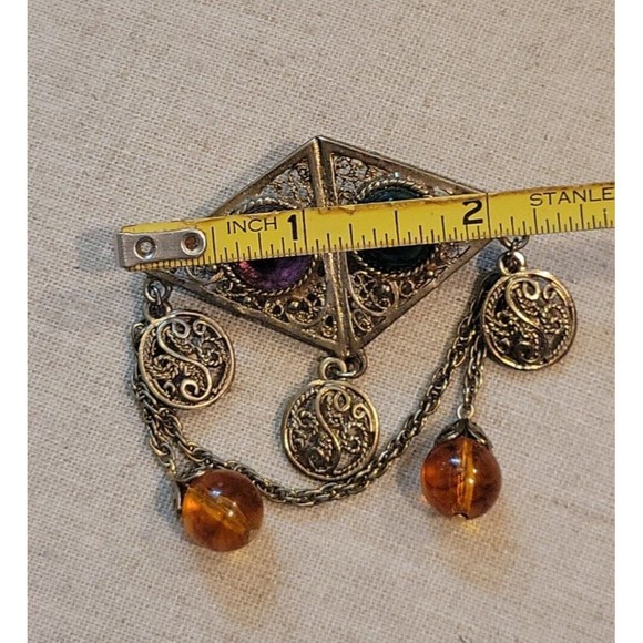 VTG Retro Ornate Filigree Jewel tone Beaded Dangles Antiqued Gold Brooch Pin - Picture 6 of 6